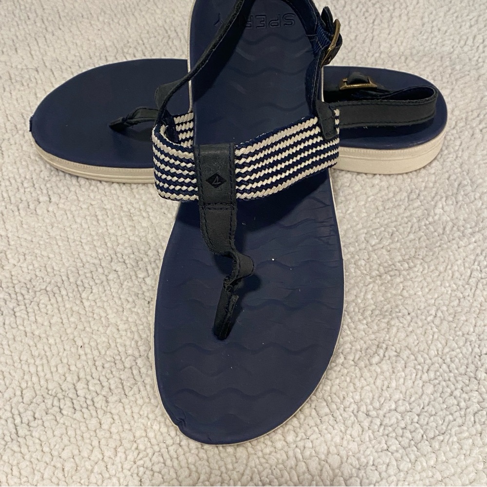 Sperry Navy Blue Striped Thong Sandals Women's Size 8.5M Nautical Webbing